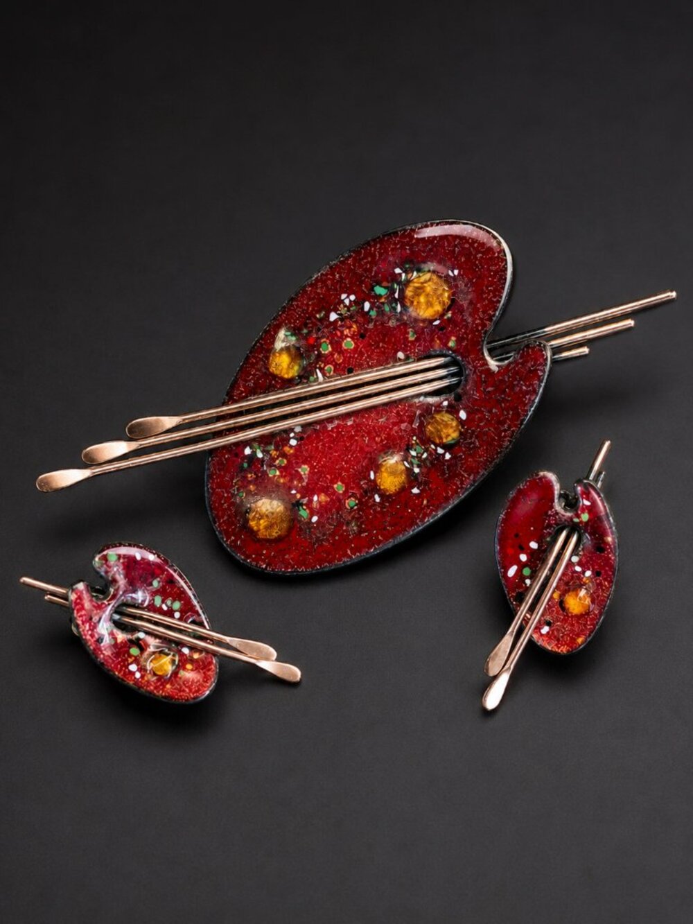 Vintage Matisse Renoir Enamel Copper Artist’s Palette Brooch & Clip-On Earrings